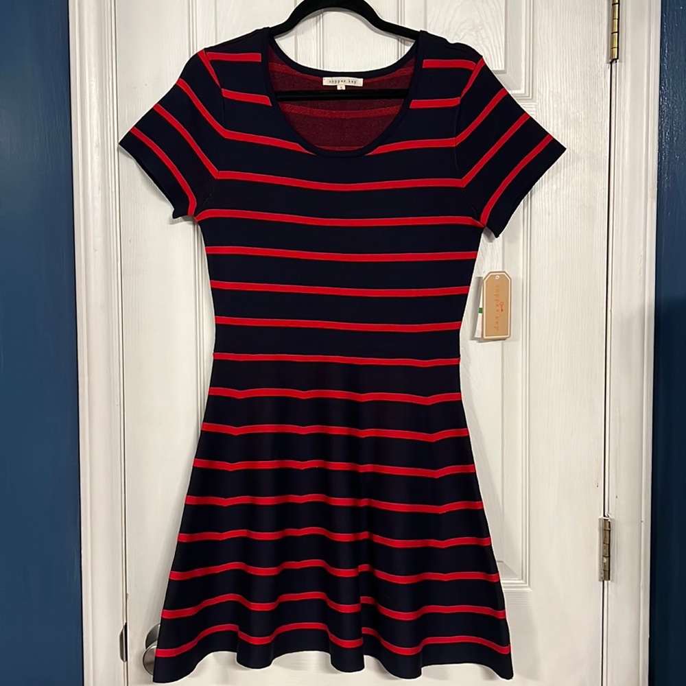 Copper Key Navy Blue & Red Striped Skater Dress-Size L- NWT